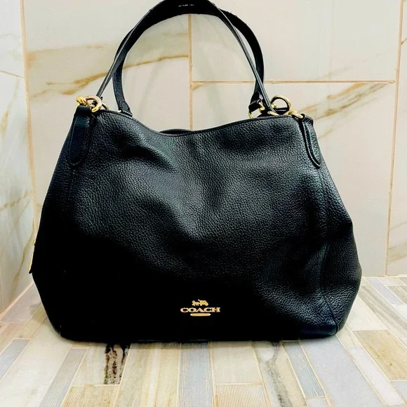 COACH Purse F80268 Hallie Shoulder Bag Tote Black Pebble Leather Gold Hardware - Picture 2 of 16